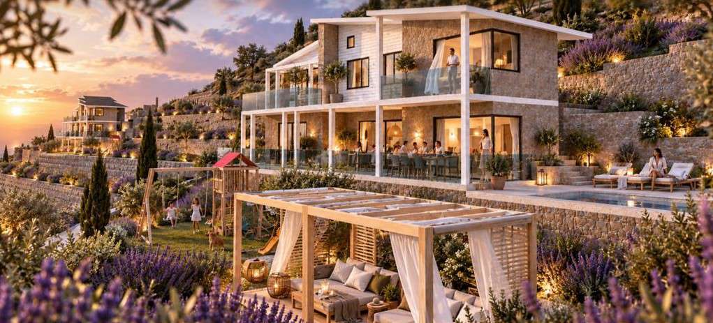 Villa 2 at sunset, seen past a wooden pergola and lavender, with villa 3 in the background.