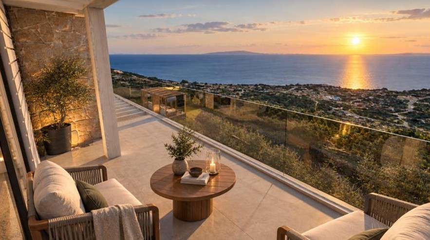 Villa 3: covered terrace with a glass balustrade and armchairs, looking out to the sea at sunset.